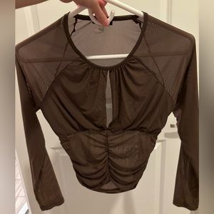 Women Khaki Brown Mesh Long Sleeve Stretchy Top Size S